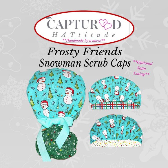 Womens Ponytail Scrub Cap Frost Friends Snowman - Handmade - Picture 1 of 7